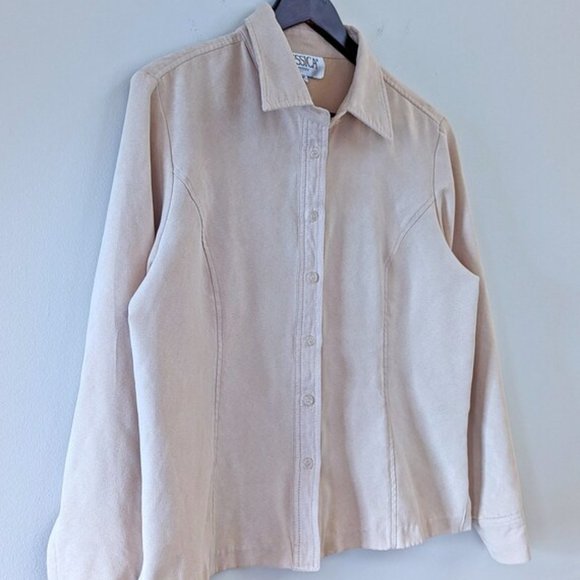 VINTAGE 90s Boxy Faux Suede Blouse Western Retro Neutral Button Up Shirt - Picture 3 of 11
